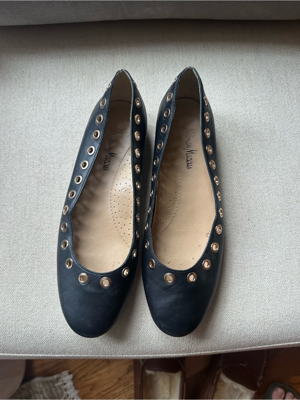 Neiman Marcus Black Ballet Flats with Gold Eyelets